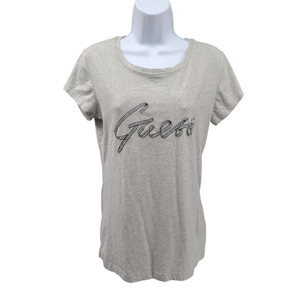 Guess Y2K Ladies plaid ribbon logo t-shirt Grey Size XL Vintage Bling Mcbling